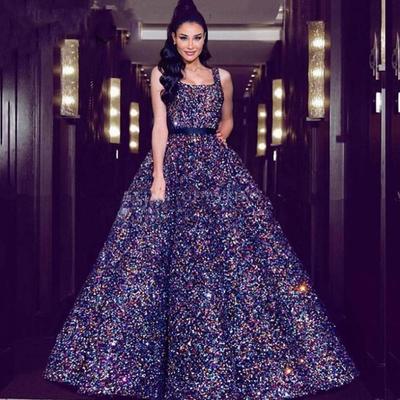 Sparkly sequins beaded ball gown prom dresses square spaghetti straps arabic dubai princess occasion evening dress vestido