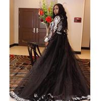 Plus Size Black Girl Prom Jumpsuit Dress with Detachble Train Long Sleeve Luxury Lace Applique Evening Gown Pant Suit - Thumbnail 1