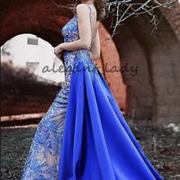Evening Dresses With Detachable Overskirt Lace Tulle Applique Beaded V Neck Sweep Train royal blue Formal Party Plus Size prom Gown - Thumbnail 1