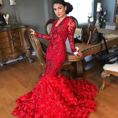 Red sequins applique mermaid prom pageant dresses with long sleeve sexy 3d floral flowers african occasion prom party gown