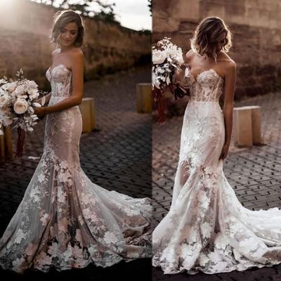 Modern lace mermaid wedding dresses vestidos de novia sweetheart neck illusion sleeveless sexy bridal gowns appliques