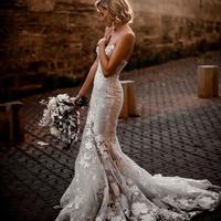 Modern Lace Mermaid Wedding Dresses Vestidos de novia Sweetheart Neck Illusion Sleeveless Sexy Bridal Gowns Appliques - Thumbnail 1