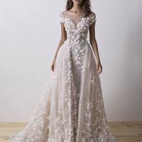 Dimitrius Dalia Mermaid Wedding Dresses with Detachable Train Cap Sleeve 3D Floral Lace Backless Beach Trumpet Bride Wedding Gown - Thumbnail 1