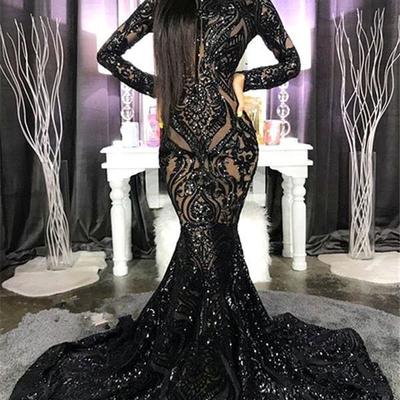 Black sequins applique evening dresses sparkly long sleeve high neck african aso ebi mermaid fishtail prom reception second birthday gown