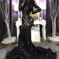 Black Sequins Applique Evening Dresses Sparkly Long Sleeve High Neck African Aso Ebi Mermaid Fishtail Prom Reception Second Birthday Gown - Thumbnail 1