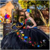 Black Mexican Style Quinceanera Dresses Charro Flowers Embroidered Lace Layers Tulle Satin prom vestidos para xv anos - Thumbnail 1
