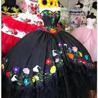 Black Mexican Style Quinceanera Dresses Charro Flowers Embroidered Lace Layers Tulle Satin prom vestidos para xv anos - Thumbnail 2