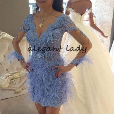 Sexy Illusion feather Mini Prom Dresses Deep V-neck Appliques Crystal Cocktail Dress Short lilac Evening Party Gown with Long Sleeve