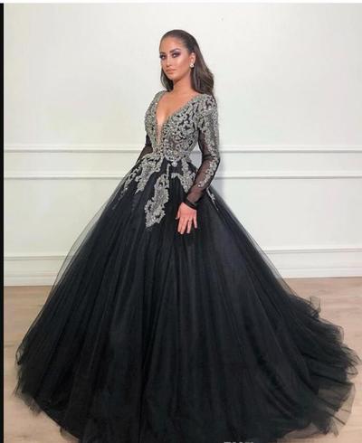 Ball Gown Prom Dresses Long Sleeve Formal Deep V Neck Luxury Beading Crystal Tulle Arabic Evening Gowns