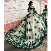 Emerald Green Princess Quinceanera Dresses 3D Flowers Beads Lace-up Applique Sweet 15 16 Prom Dress Party Wear Xv Anos - Thumbnail 1