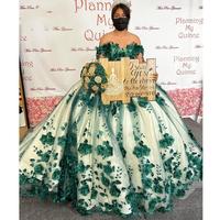 Emerald Green Princess Quinceanera Dresses 3D Flowers Beads Lace-up Applique Sweet 15 16 Prom Dress Party Wear Xv Anos - Thumbnail 3