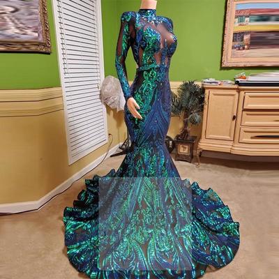Long Sleeve High Neck Prom Gown Emerald Green Lace Mermaid Evening Dress Formal Gowns Beaded vestido sirena largo