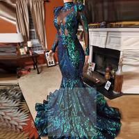 Long Sleeve High Neck Prom Gown Emerald Green Lace Mermaid Evening Dress Formal Gowns Beaded vestido sirena largo - Thumbnail 1