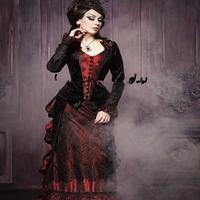 Vintage Black and Burgundy Gothic Wedding Dress Long Sleeve Victorian walking costume Bustle skirt and Velvet Jacket Bride Gowns - Thumbnail 1