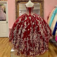 Luxury Gold Lace Dark Red Quinceanera Dress Ball Gown Sweetheart Neck Beaded Appliques Graduation Gowns Princess Sweet 15 16 Dressest Bride Gowns - Thumbnail 1