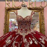 Luxury Gold Lace Dark Red Quinceanera Dress Ball Gown Sweetheart Neck Beaded Appliques Graduation Gowns Princess Sweet 15 16 Dressest Bride Gowns - Thumbnail 3