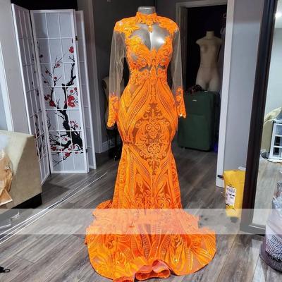 Sexy Glitter Orange Lace Mermaid Prom Dresses  for Black Girls Sparkly Sequins Long Sleeves Birthday Party Evening Dress Robe De Bal