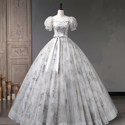 Gray tulle sequins long prom dress, gray formal evening dress - Thumbnail 3