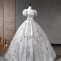 Gray Tulle Sequins Long Prom Dress, Gray Formal Evening Dress - Thumbnail 1