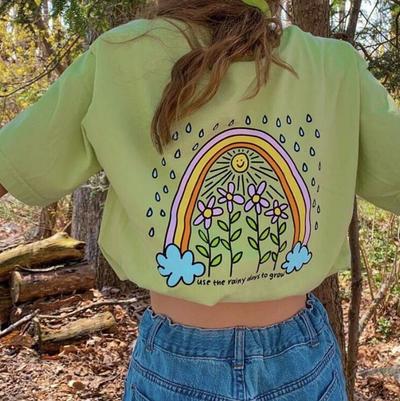 Rainbow Flower Printed Green Tee