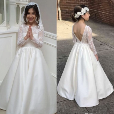 Sheer neck white flower girl dresses with sleeves - Thumbnail 2