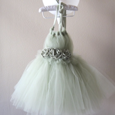 Sage halter flower girl dresses with handmade flowers