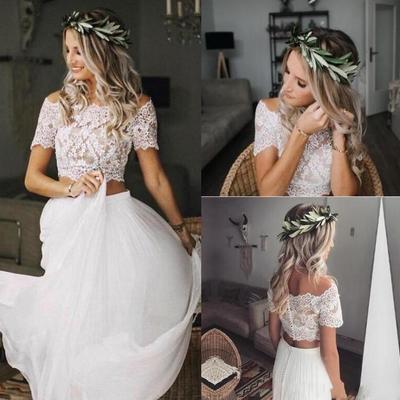 Two piece chiffon wedding dresses with short sleeves - Thumbnail 2