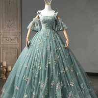 Lovely Floral Tulle Long Prom Dress, Green Off Shoulder Evening Party Dress - Thumbnail 1