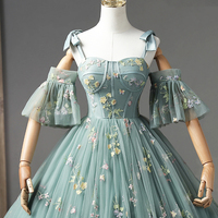 Lovely Floral Tulle Long Prom Dress, Green Off Shoulder Evening Party Dress - Thumbnail 2