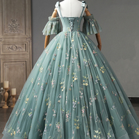 Lovely Floral Tulle Long Prom Dress, Green Off Shoulder Evening Party Dress - Thumbnail 3