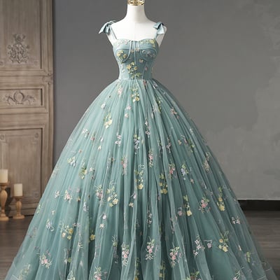 Lovely floral tulle long prom dress, green off shoulder evening party dress - Thumbnail 1
