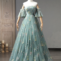 Lovely Floral Tulle Long Prom Dress, Green Off Shoulder Evening Party Dress - Thumbnail 4