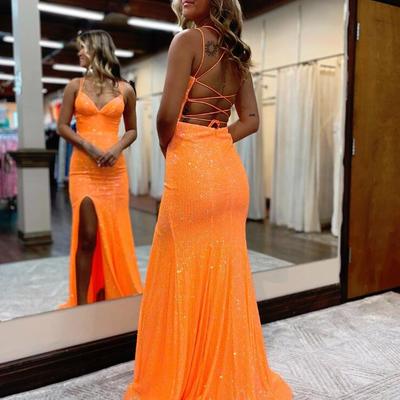 Sexy v neck orange sequins prom dresses with slit - Thumbnail 1