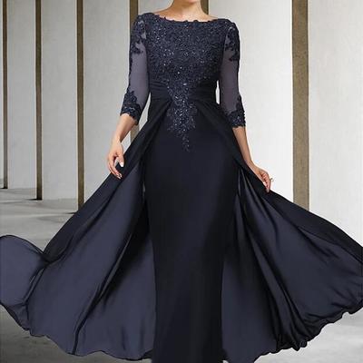 Sheath 3/4 sleeves navy blue mother of the bride dresses with lace appliques - Thumbnail 3