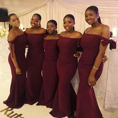 Simple off the shoulder burgundy bridesmaid dresses 
