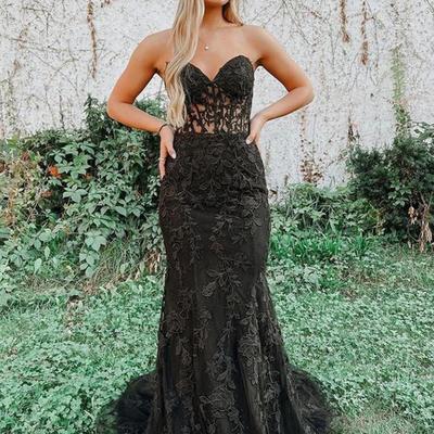 Elegant mermaid sweetheart black lace prom dresses - Thumbnail 2