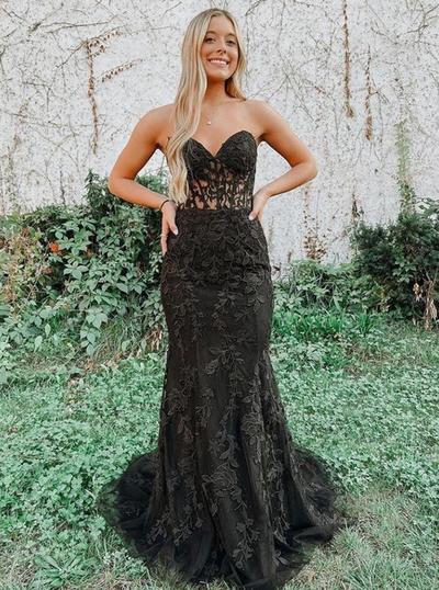 Elegant Mermaid Sweetheart Black Lace Prom Dresses