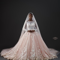 Pink Ball Gown Tulle Long Sleeve Lace Wedding Dress Bridal Gowns - Thumbnail 1