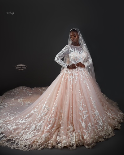 Pink Ball Gown Tulle Long Sleeve Lace Wedding Dress Bridal Gowns