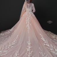 Pink Ball Gown Tulle Long Sleeve Lace Wedding Dress Bridal Gowns - Thumbnail 3