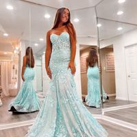 SP2250,Elegant Mint Green Applique Lace Tulle Prom Evening Dresses - Thumbnail 1