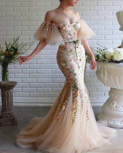 Stylish Beaded Mermaid Prom Dresses Off The Shoulder Short Sleeves Floral Lace Formal Dress Plus Size Sweep Train Tulle Evening Gowns