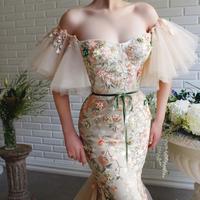 Stylish Beaded Mermaid Prom Dresses Off The Shoulder Short Sleeves Floral Lace Formal Dress Plus Size Sweep Train Tulle Evening Gowns - Thumbnail 2