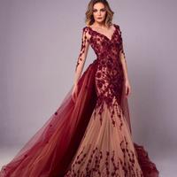 Fabulous Mermaid Lace Evening Dresses With Detachable Train Long Sleeves V Neck Plus Size Formal Dress Appliqued Beaded Prom Gowns - Thumbnail 1