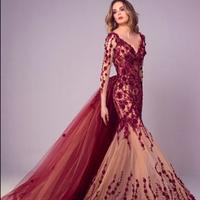 Fabulous Mermaid Lace Evening Dresses With Detachable Train Long Sleeves V Neck Plus Size Formal Dress Appliqued Beaded Prom Gowns - Thumbnail 2