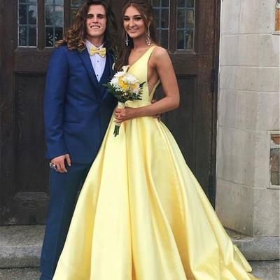 Sexy deep v neck long stain a-line evening dresses open back women formal prom dress