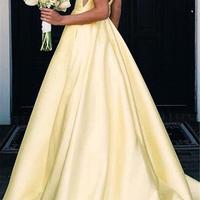 Sexy Deep V Neck Long Stain A-line Evening Dresses Open Back Women Formal Prom Dress  - Thumbnail 1