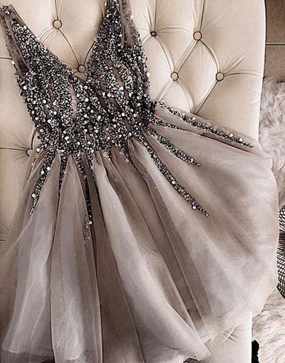 Gray Cocktail Dresses V-Neck Sparkles Sequins Beading Tulle Short Prom Dresses Vestidos De Gala Women Graduation Gown Robe