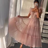Simple Light Pink Short Prom Dresses Spaghetti Straps Tiered Tulle Prom Gowns Sweeheart Tea-Length Evening Party Dress - Thumbnail 1