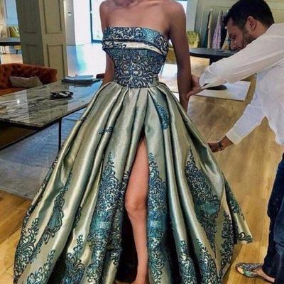 Strapless puffy skirt evening party dresses modest vintage sexy split lace stain dubai arabic ruffles occasion prom dress custom make